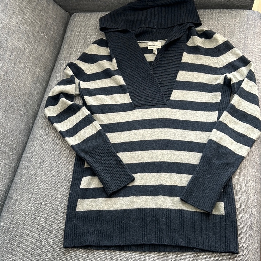 Joie Navy and Grey Striped Cashmere Hoodie Sweater -Size M